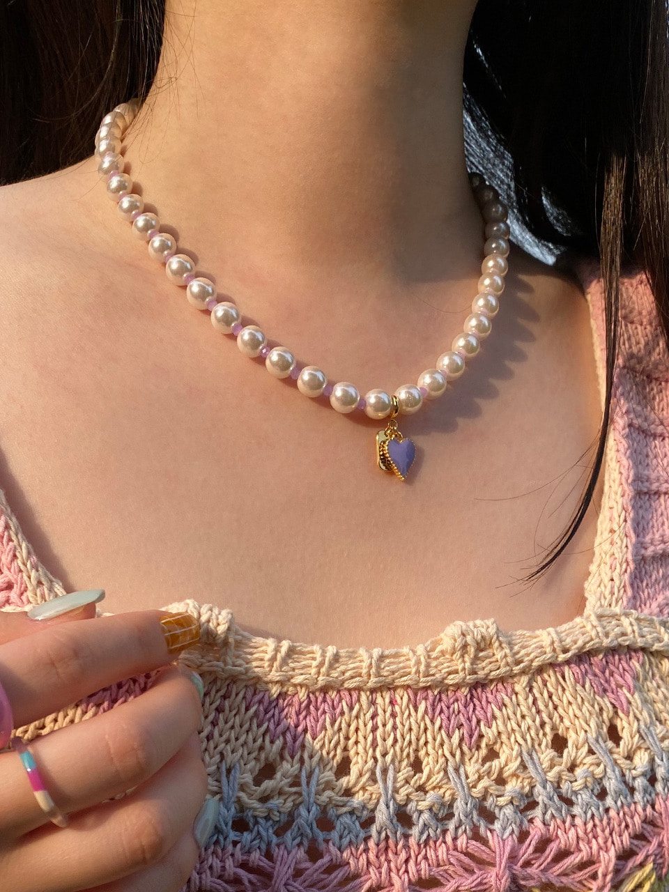 DV029 Violet pearl beads heart necklace