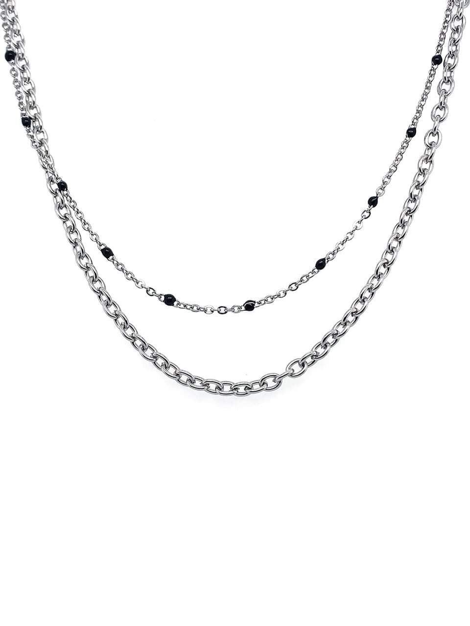BHS210 Black Beads Layered Chain Necklace