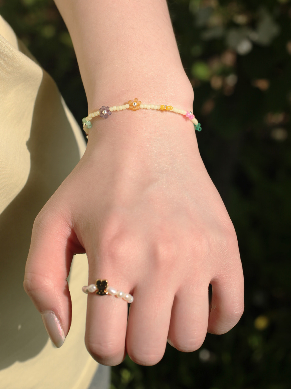 [서울스토어 단독][2SET] DS03+10 Bear pearl ring+flower beads bracelet set
