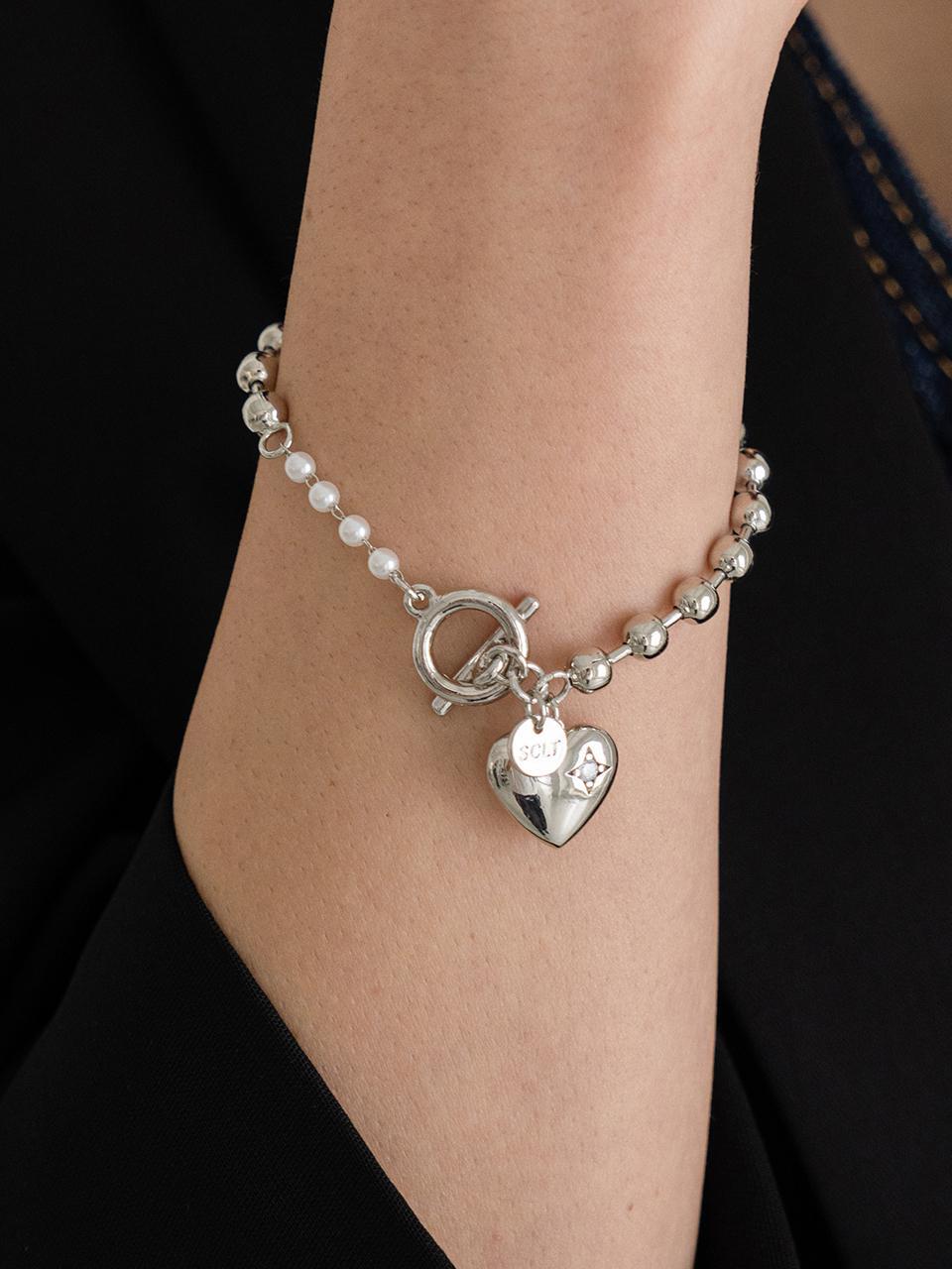 CKE302 Heart Pendant Pearl Bean Chain Mix Bracelet