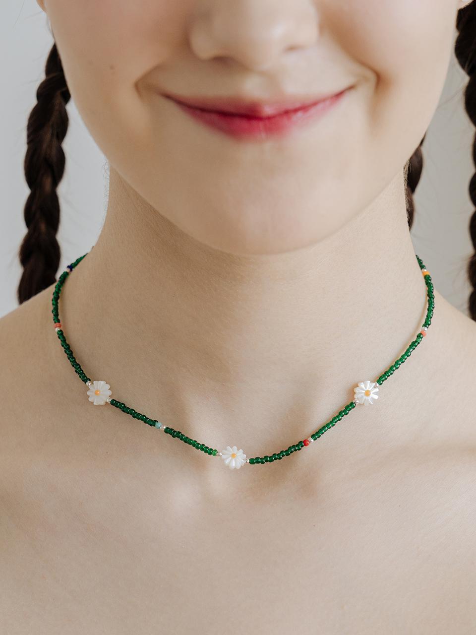 [Silver925] WIL209 Daisy Green Beads Necklace